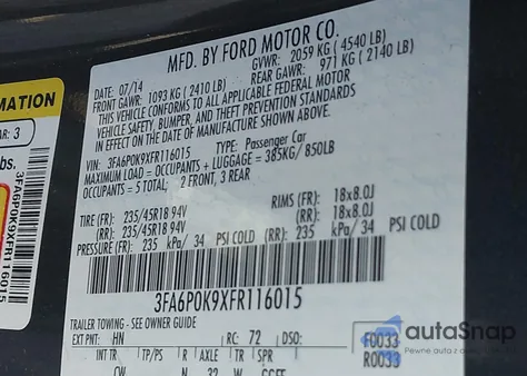 2015 Ford Fusion Titanium z USA, uszkodzony, nr VIN 3FA6P0K9XFR116015